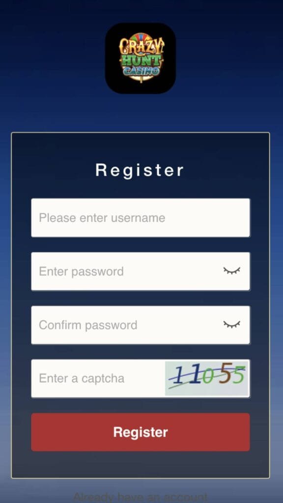 Crazy Hunt Casino Register Page